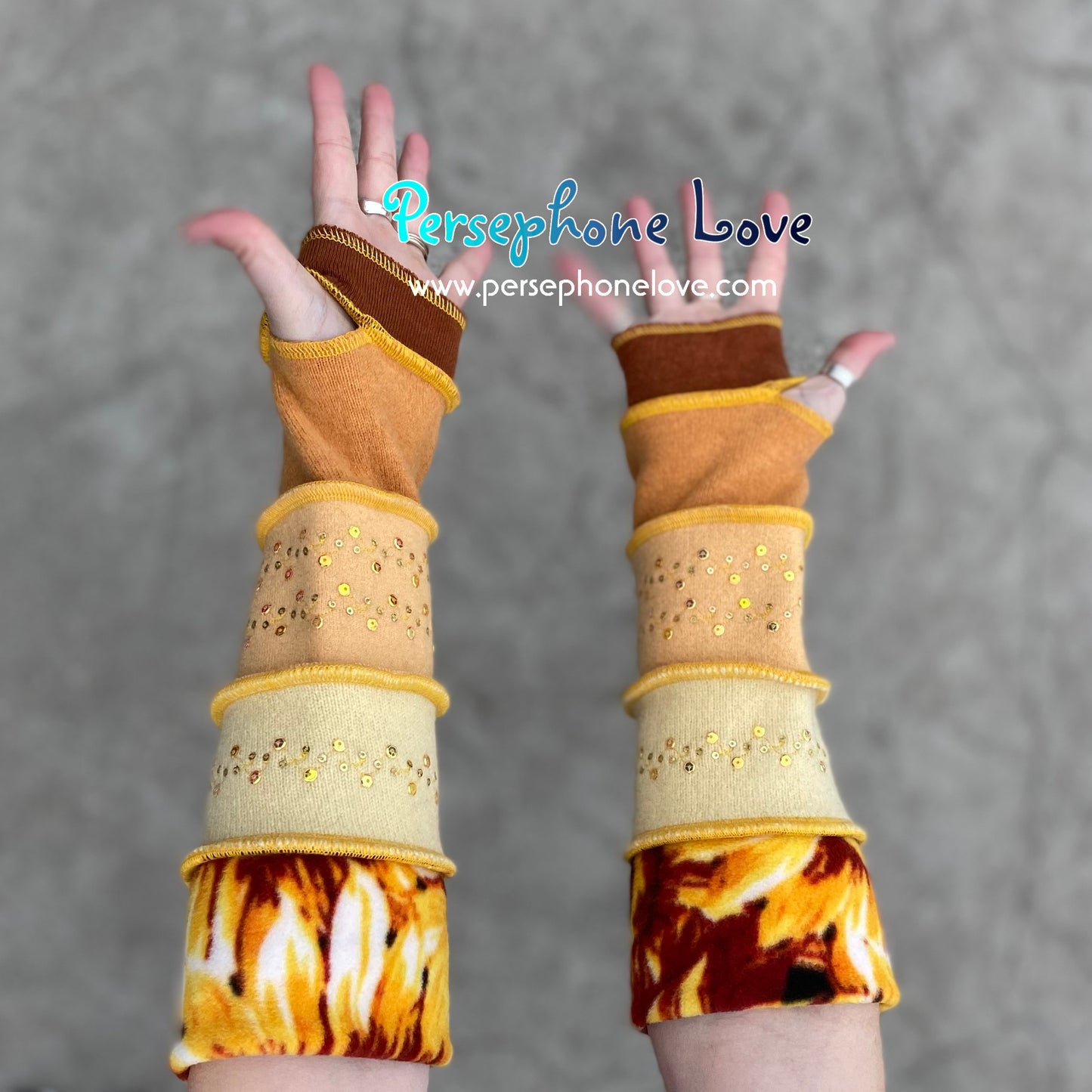 Katwise inspired needle-felted golden sunflower upcycled  sweater arm warmers with sequins-1365