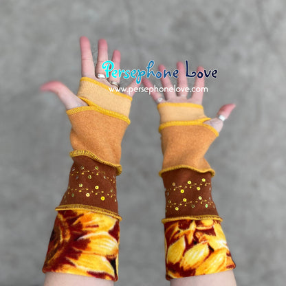 Katwise inspired needle-felted golden sunflower upcycled sweater arm warmers with sequins-1366