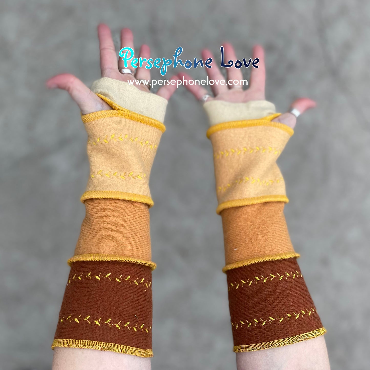 Katwise inspired needle-felted golden sunflower embroidered upcycled sweater arm warmers-1368