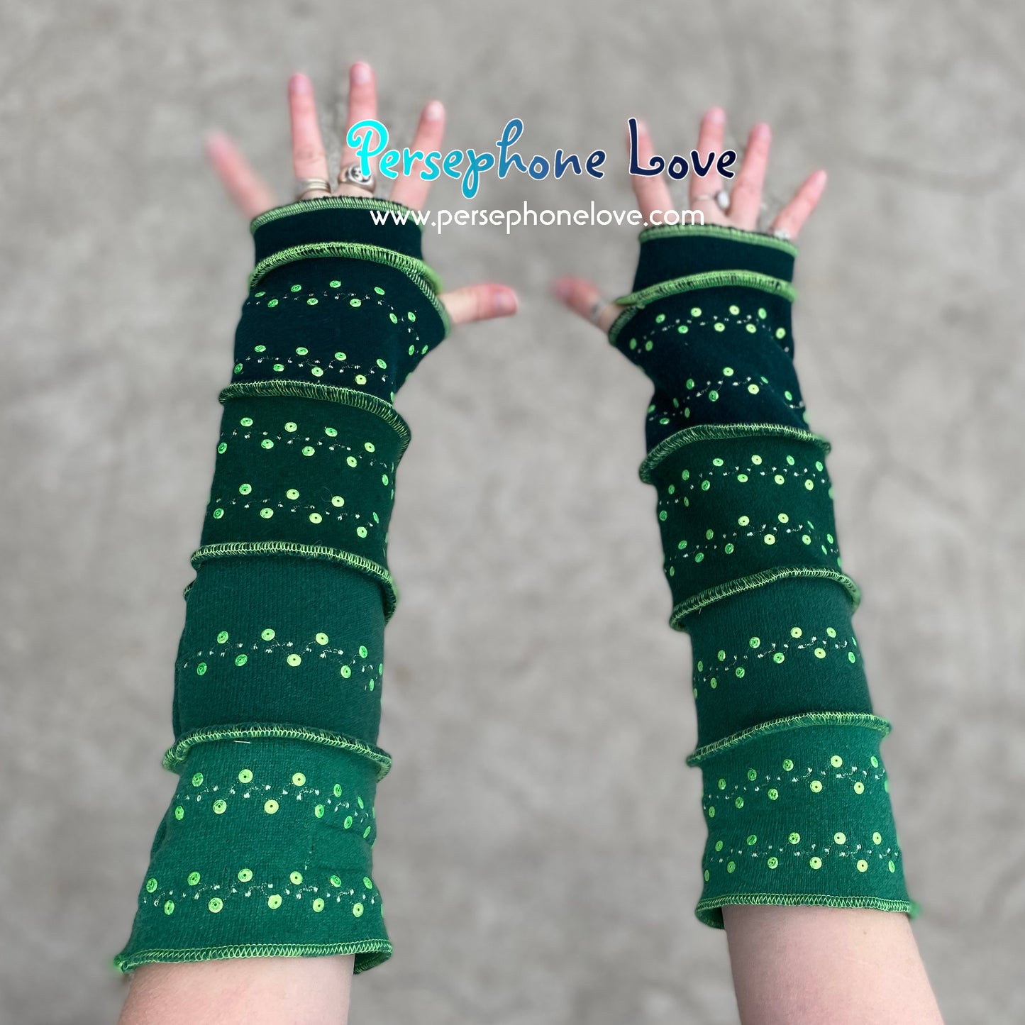 Katwise inspired needle-felted green 100% CASHMERE upcycled sweater arm warmers SEQUINS-1370