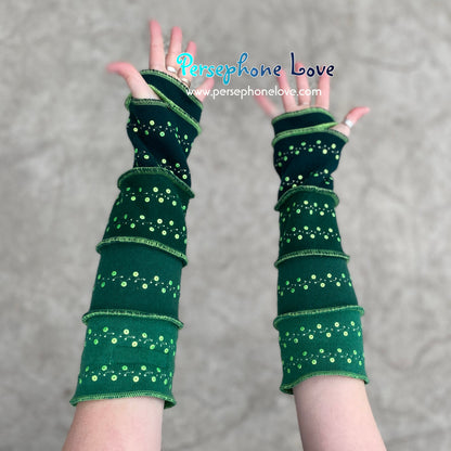Katwise inspired needle-felted green 100% CASHMERE upcycled sweater arm warmers SEQUINS-1370
