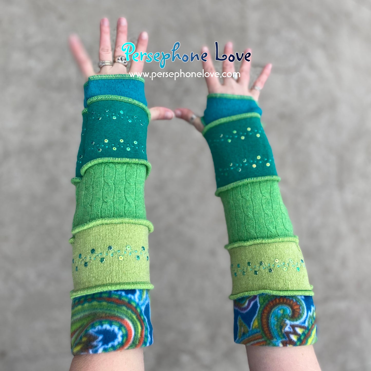 Katwise inspired needle-felted teal blue green upcycled sweater arm warmers embroidery SEQUINS-1374