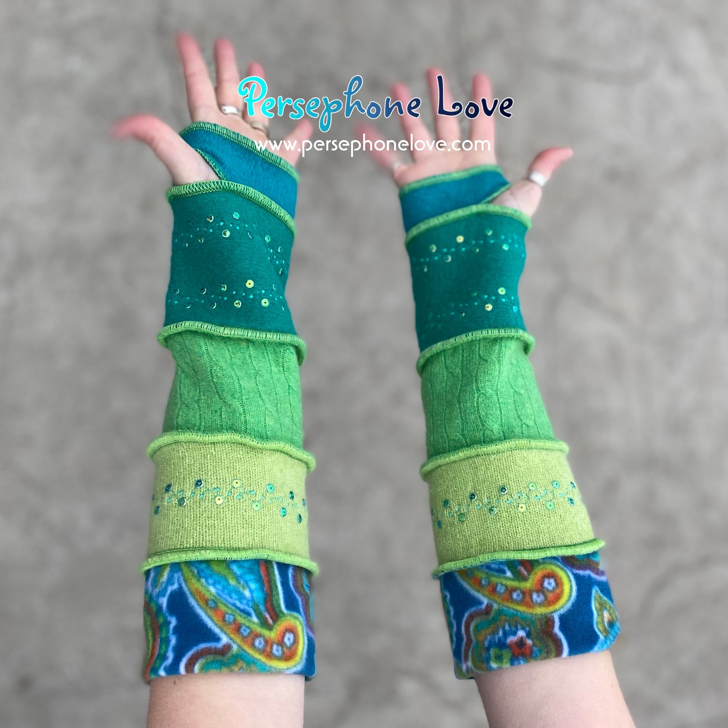 Katwise inspired needle-felted teal blue green upcycled sweater arm warmers embroidery SEQUINS-1374