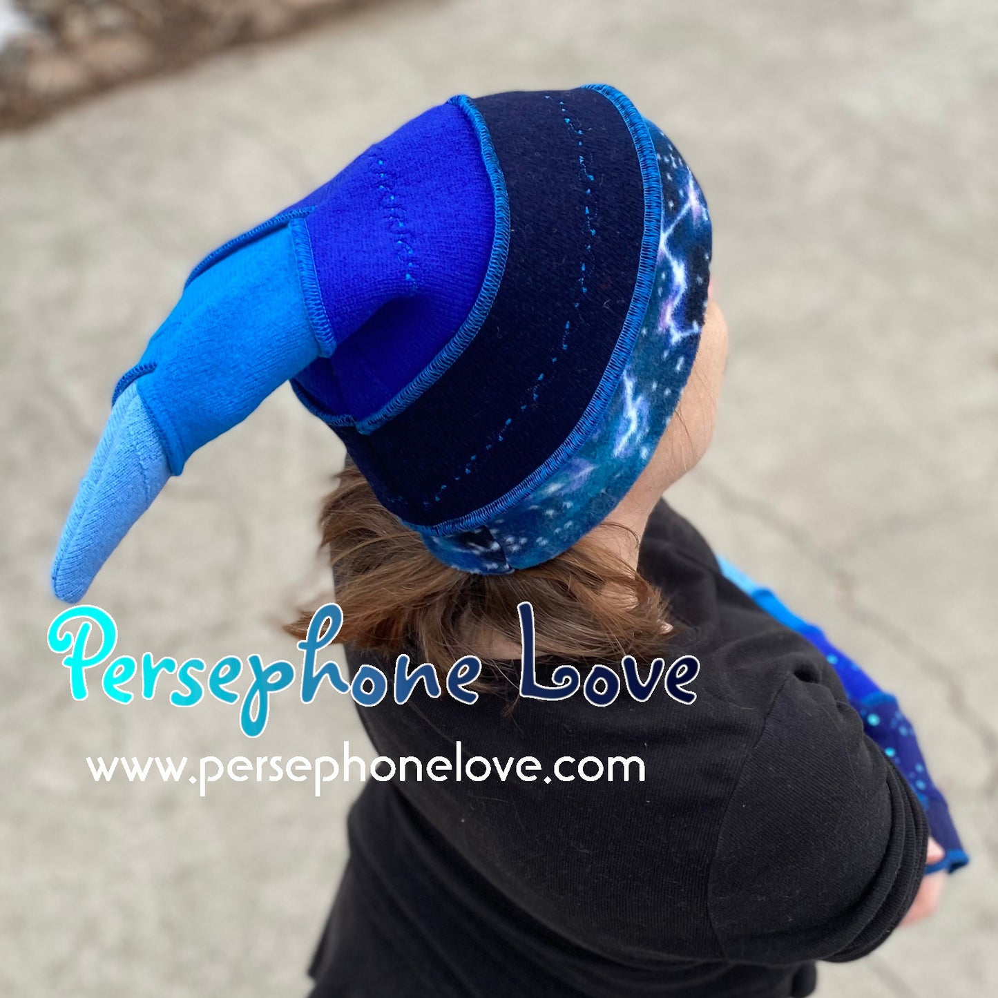 Katwise-inspired blue felted and embroidered galaxy pixie elf hat-1385