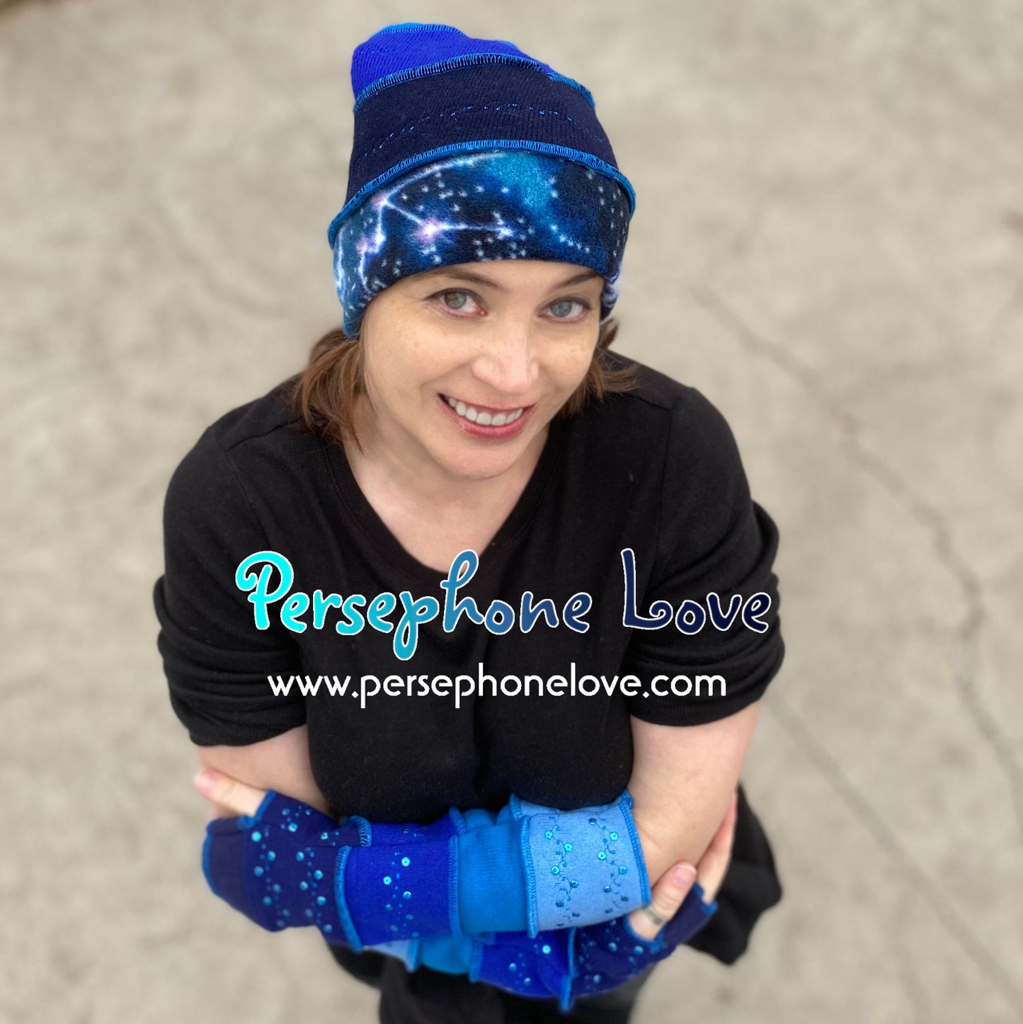 Katwise-inspired blue felted and embroidered galaxy pixie elf hat-1385