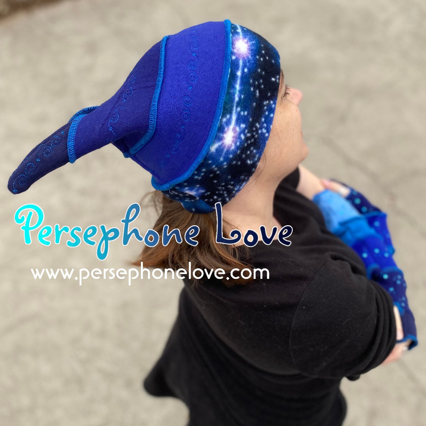 Katwise inspired blue felted and embroidered galaxy pixie elf hat-1386