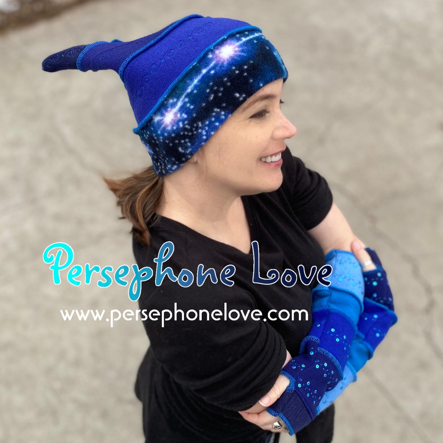Katwise inspired blue felted and embroidered galaxy pixie elf hat-1386
