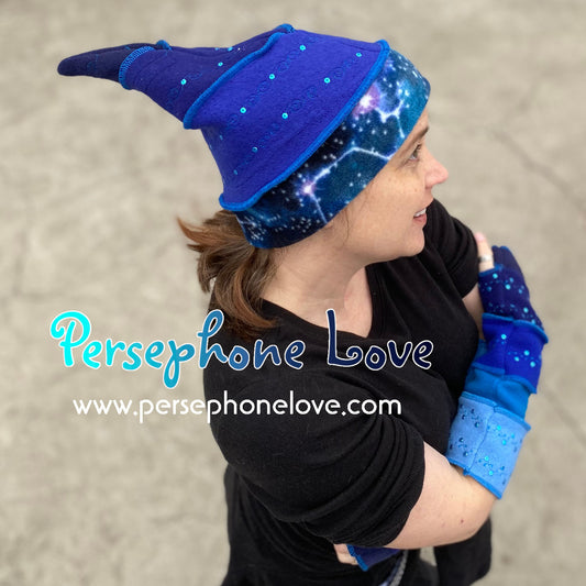 Katwise inspired blue felted embroidered galaxy pixie elf hat with sequins-1387