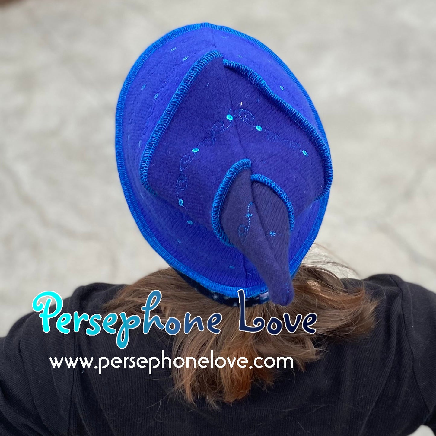 Katwise inspired blue felted embroidered galaxy pixie elf hat with sequins-1387