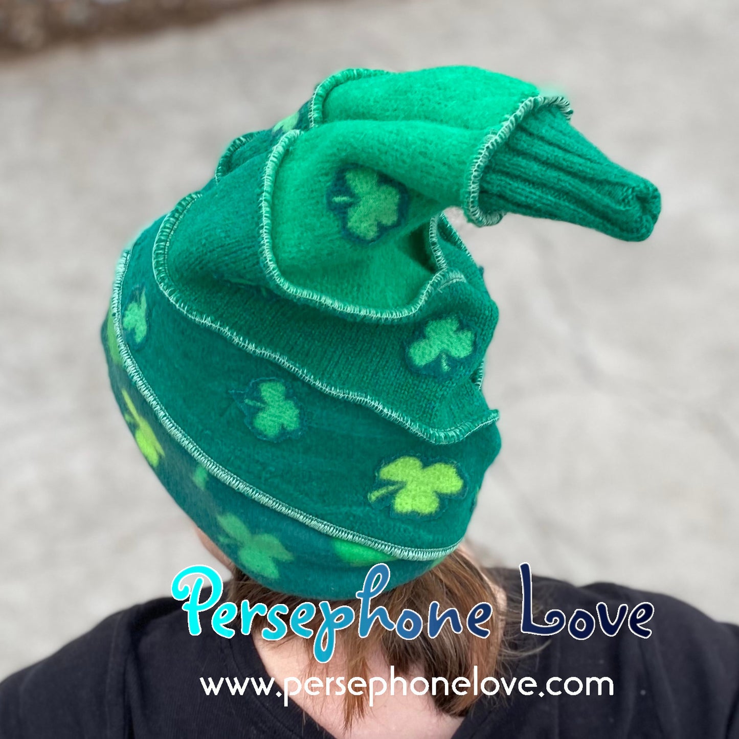 Katwise inspired green felted St Patrick recycled patchwork sweater elf hat-1389
