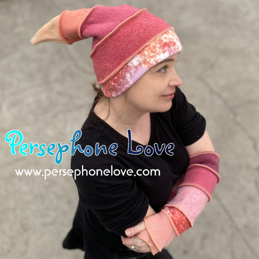 Katwise inspired patchwork peach rose galaxy recycled patchwork sweater felted  pixie elf hat-1390