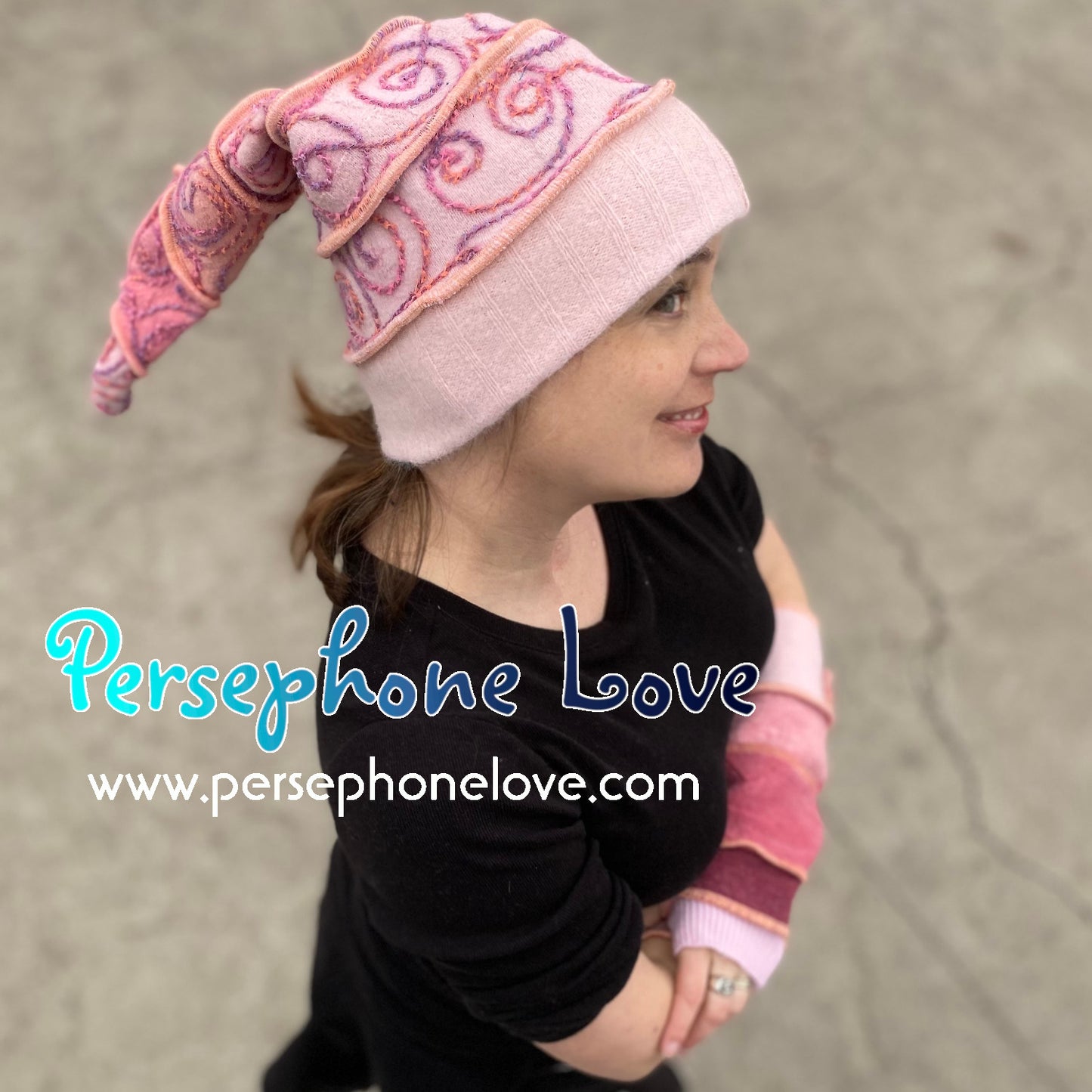 Katwise inspired peach rose silly-string recycled patchwork sweater pixie elf wizardy hat-1393