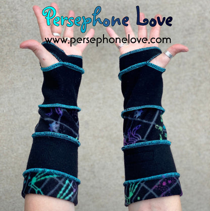 Katwise inspired needle-felted black cosmic Zodiac 100% cashmere upcycled sweater arm warmers-1403