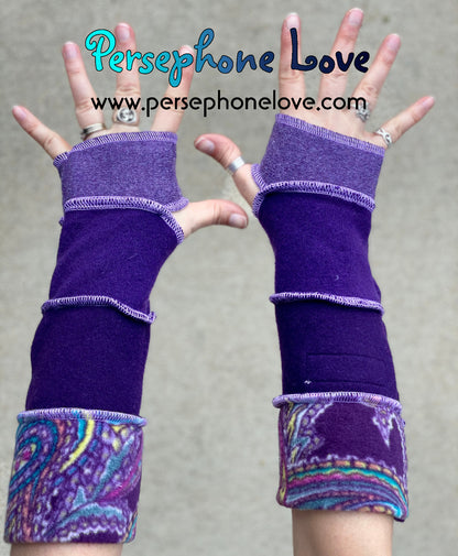Katwise inspired needle-felted purple Paisley 100% cashmere upcycled sweater arm warmers -1404