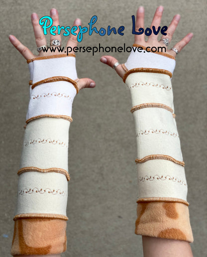Katwise inspired needle-felted ivory 100% cashmere embroidered upcycled sweater arm warmers -1413