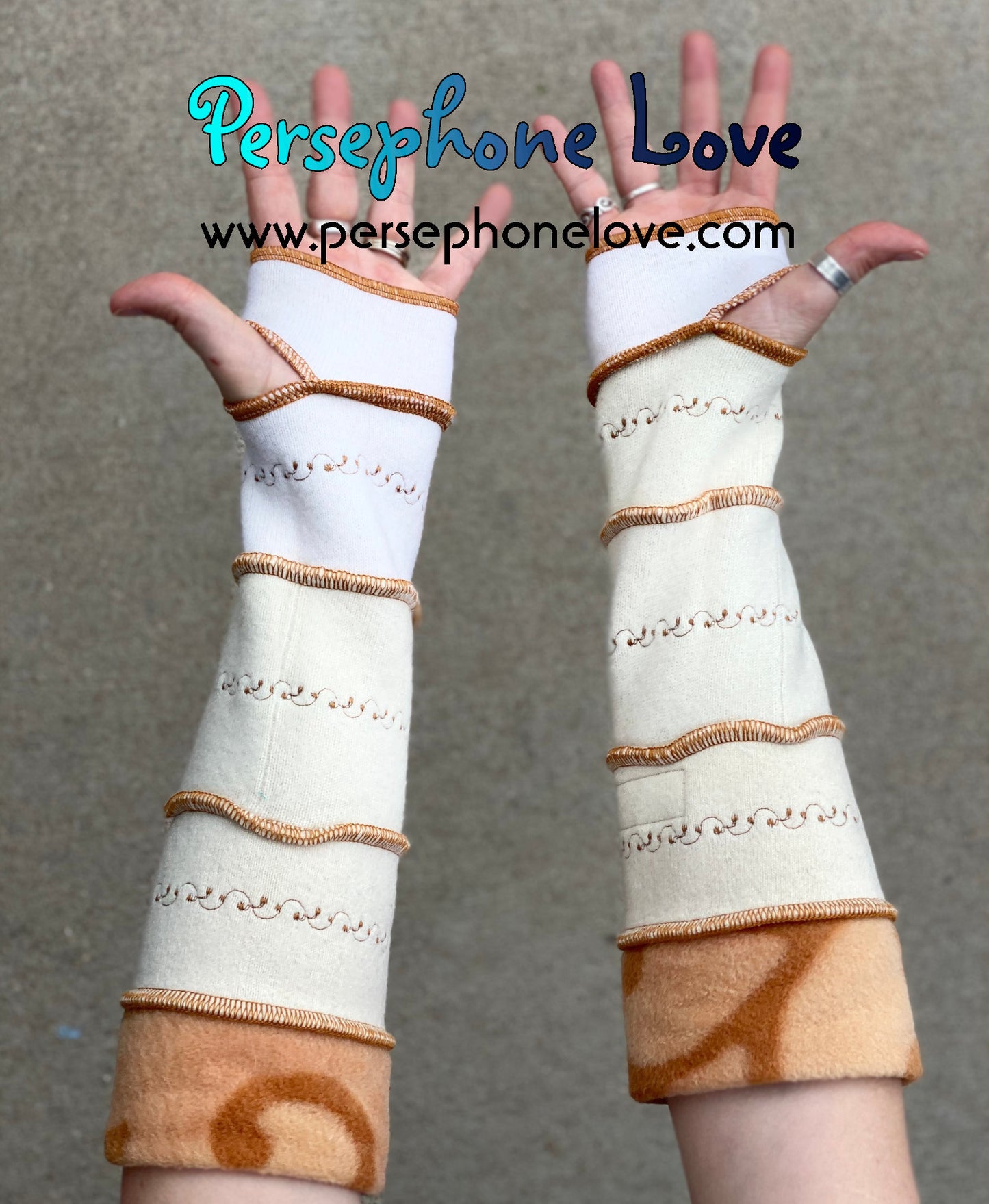 Katwise inspired needle-felted ivory 100% cashmere embroidered upcycled sweater arm warmers -1413