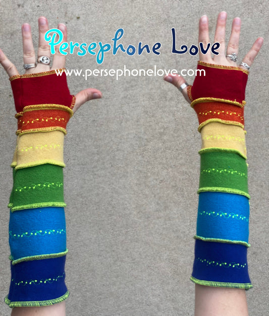 Katwise inspired needle-felted rainbow 100% cashmere embroidered upcycled sweater arm warmers-1414