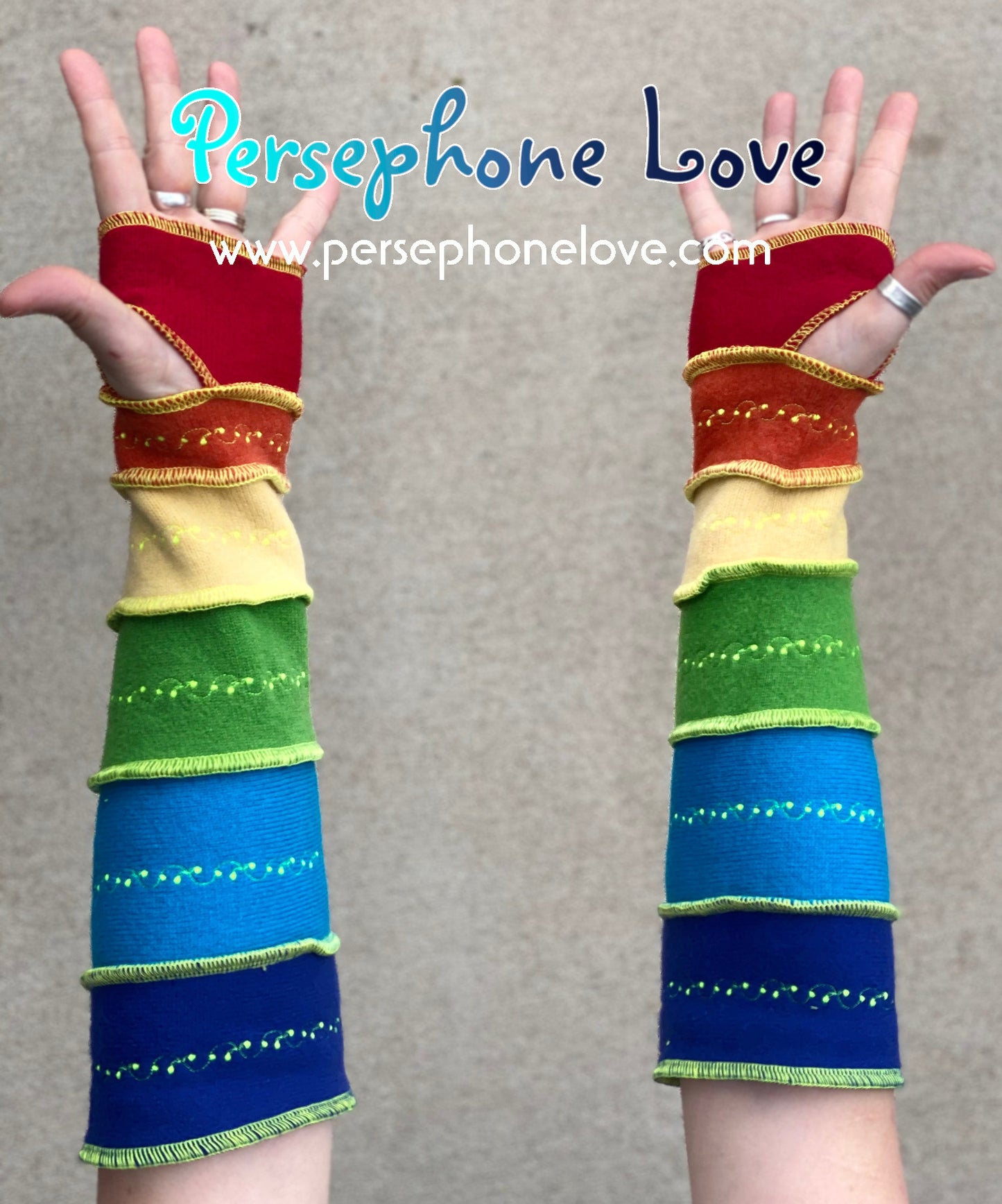 Katwise inspired needle-felted rainbow 100% cashmere embroidered upcycled sweater arm warmers-1414