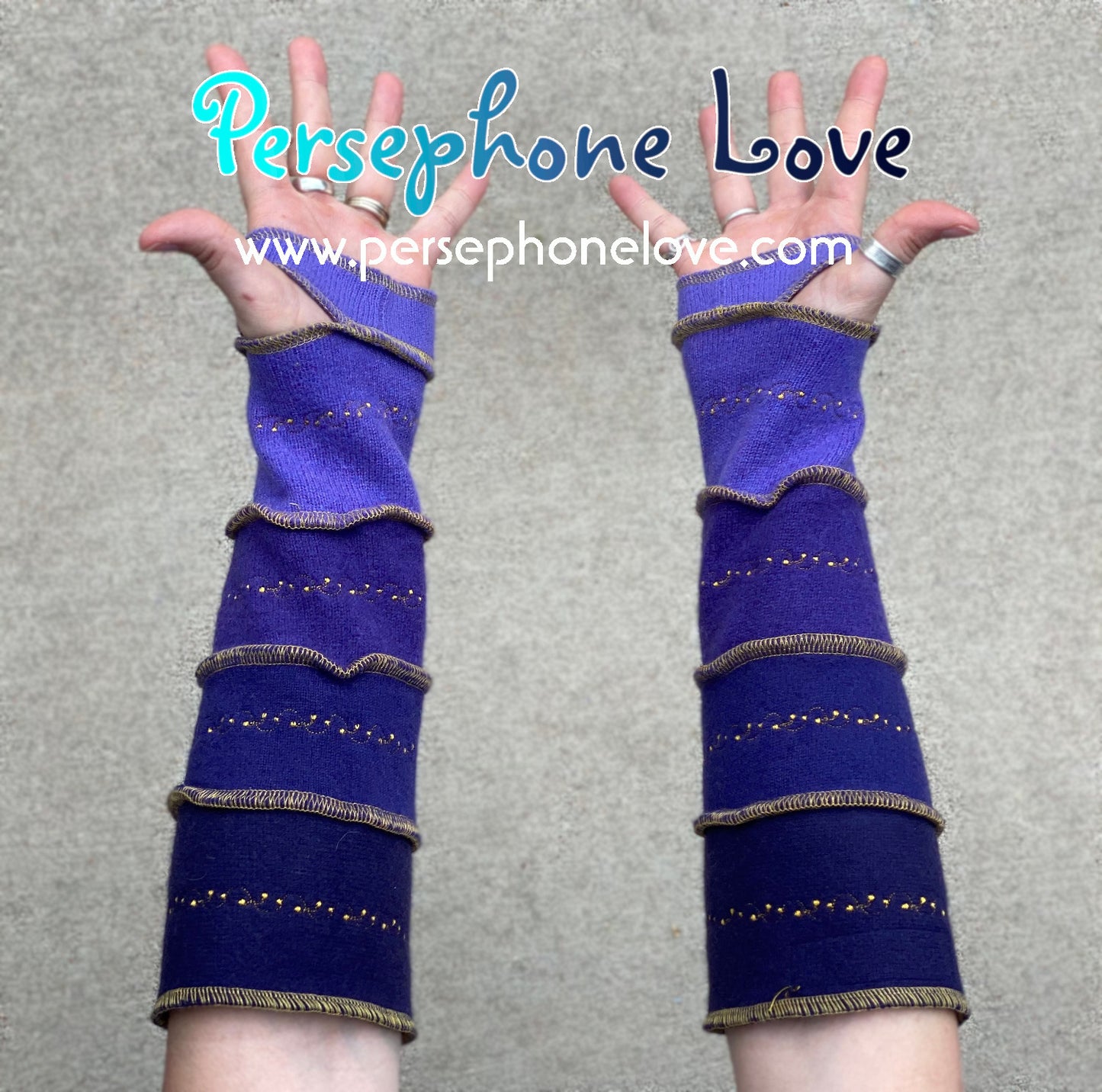 Katwise inspired needle-felted purple 100% cashmere embroidered upcycled sweater arm warmers -1416