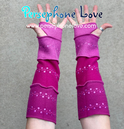 Katwise inspired needle-felted pink 100% cashmere embroidered upcycled sweater arm warmers SEQUINS-1419