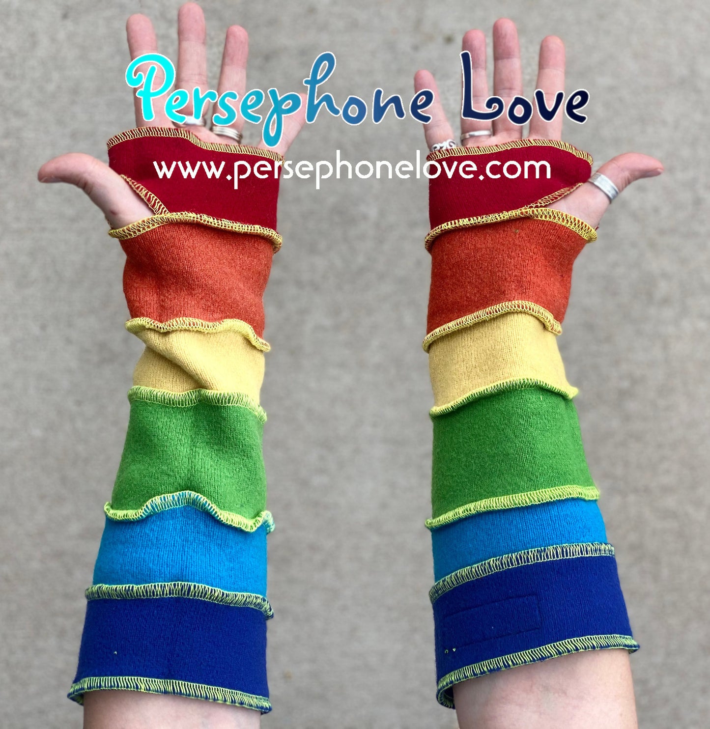 Katwise inspired needle-felted rainbow 100% cashmere upcycled sweater arm warmers-1425