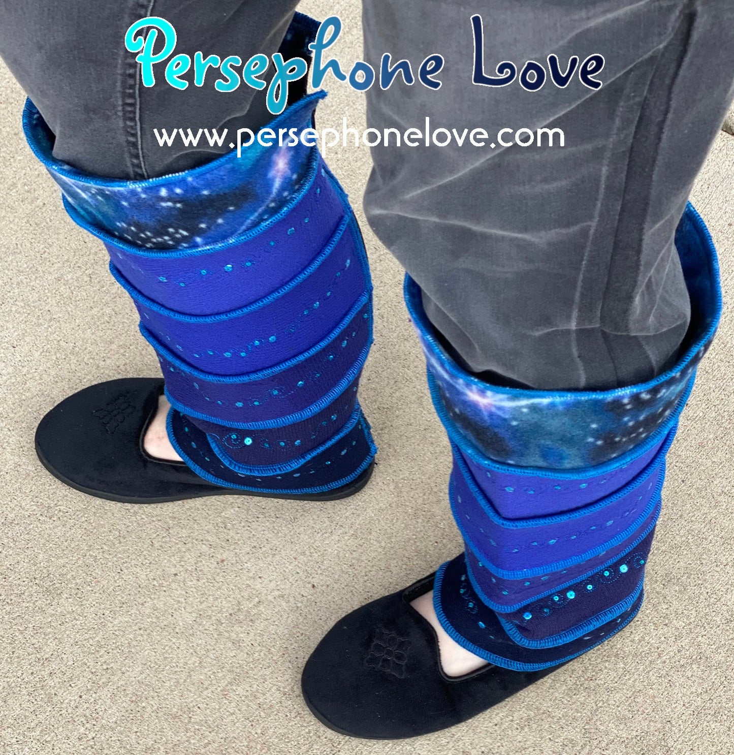 Katwise-inspired blue gradient fleece/wool embroidered sequins leg warmers-1459