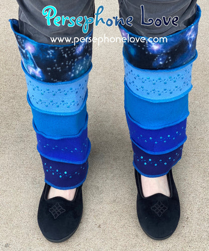 Katwise-inspired blue gradient fleece/wool embroidered sequins leg warmers-1460