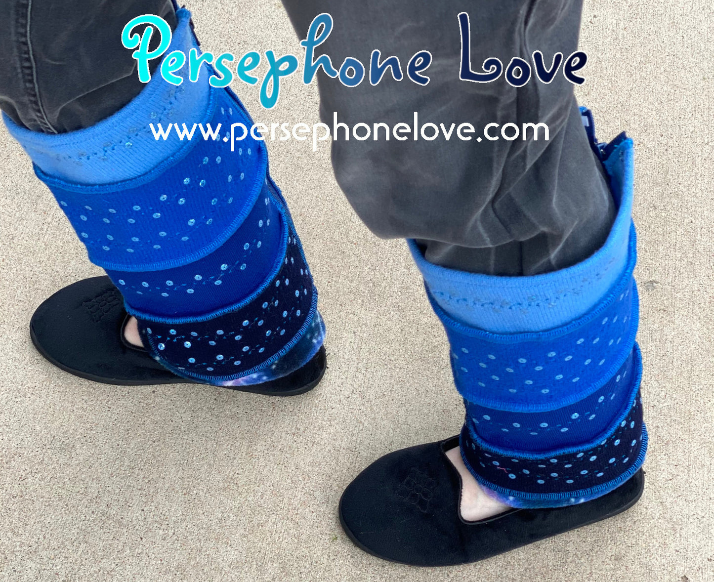 Katwise-inspired blue gradient fleece/wool embroidered sequins leg warmers-1461