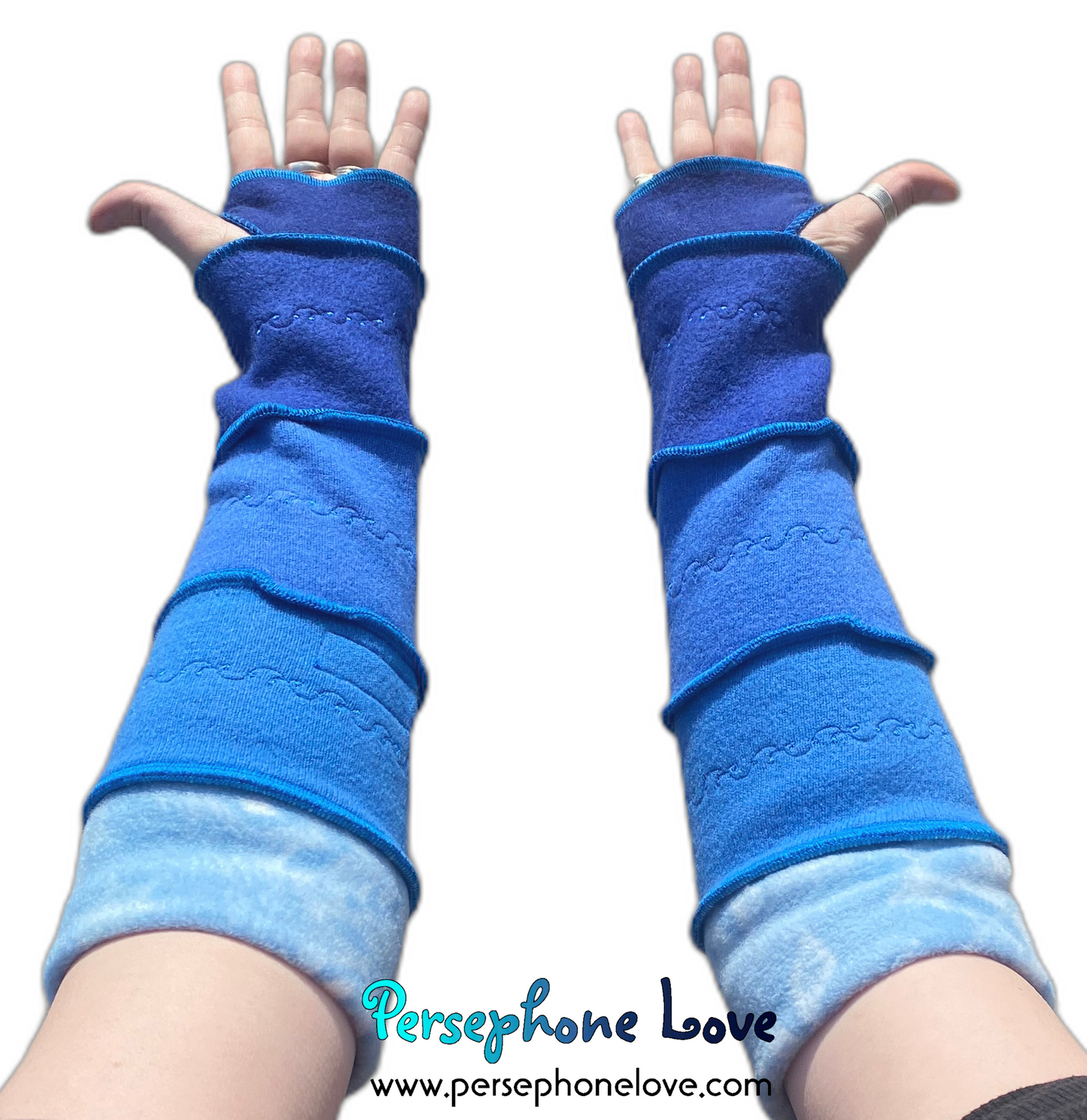 Katwise inspired needle-felted blue 100% cashmere upcycled sweater arm warmers -1499