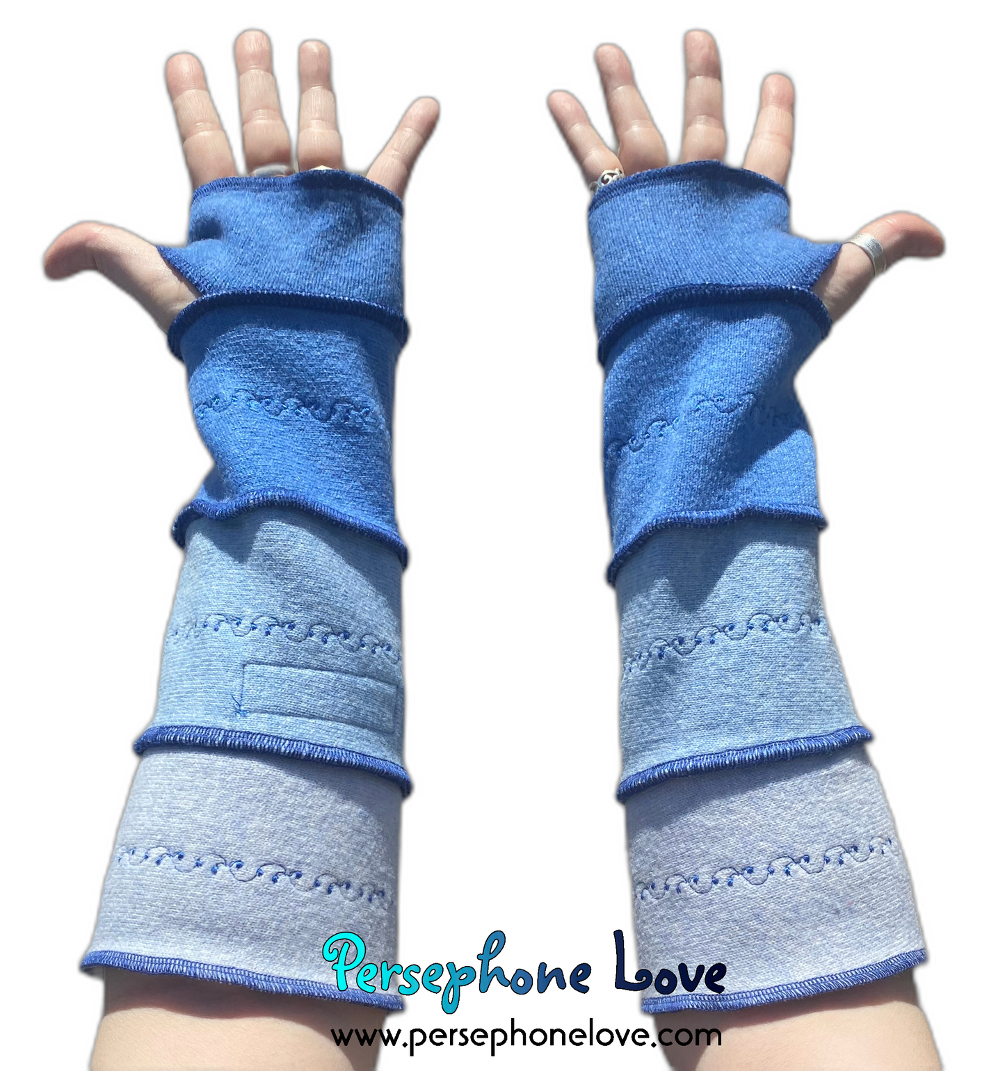 Katwise inspired needle-felted blue 100% cashmere upcycled sweater arm warmers -1505