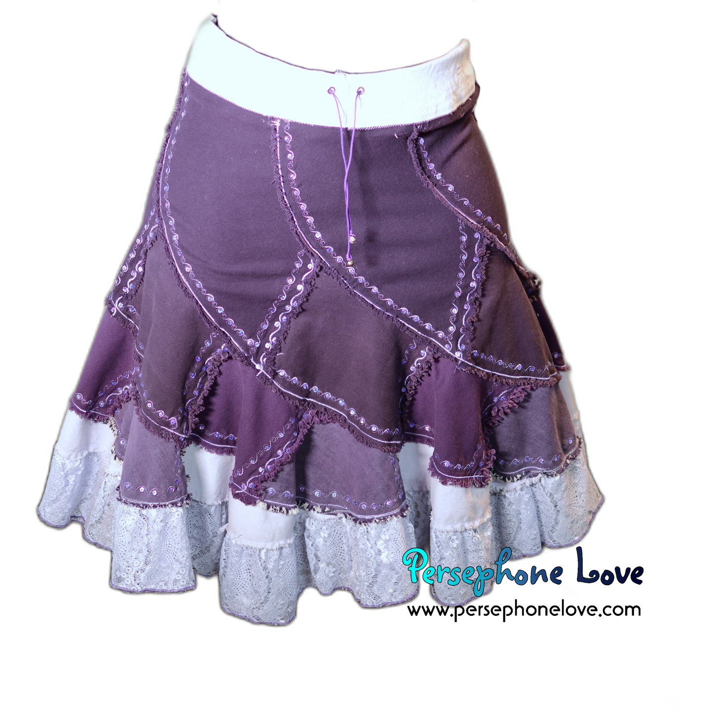 Purple ombre patchwork denim upcycled twirly spiral festival skirt embroidery sequins-2000