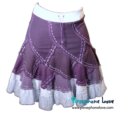 Purple ombre patchwork denim upcycled twirly spiral festival skirt embroidery sequins-2000