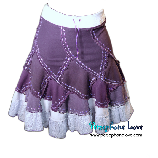 Purple ombre patchwork denim upcycled twirly spiral festival skirt embroidery sequins-2000