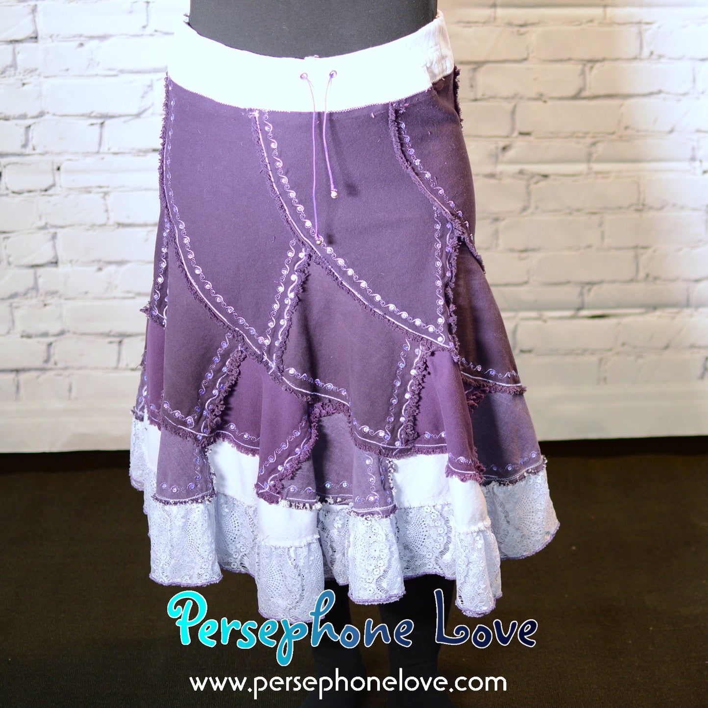 Purple ombre patchwork denim upcycled twirly spiral festival skirt embroidery sequins-2000