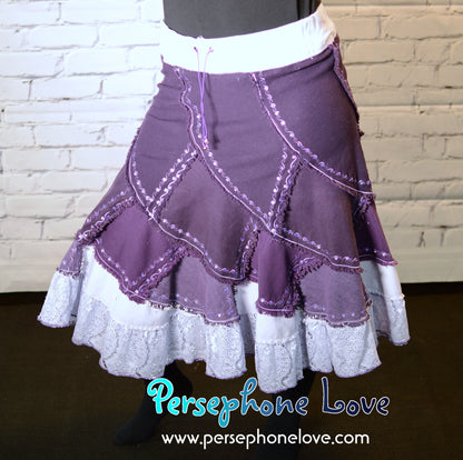 Purple ombre patchwork denim upcycled twirly spiral festival skirt embroidery sequins-2000