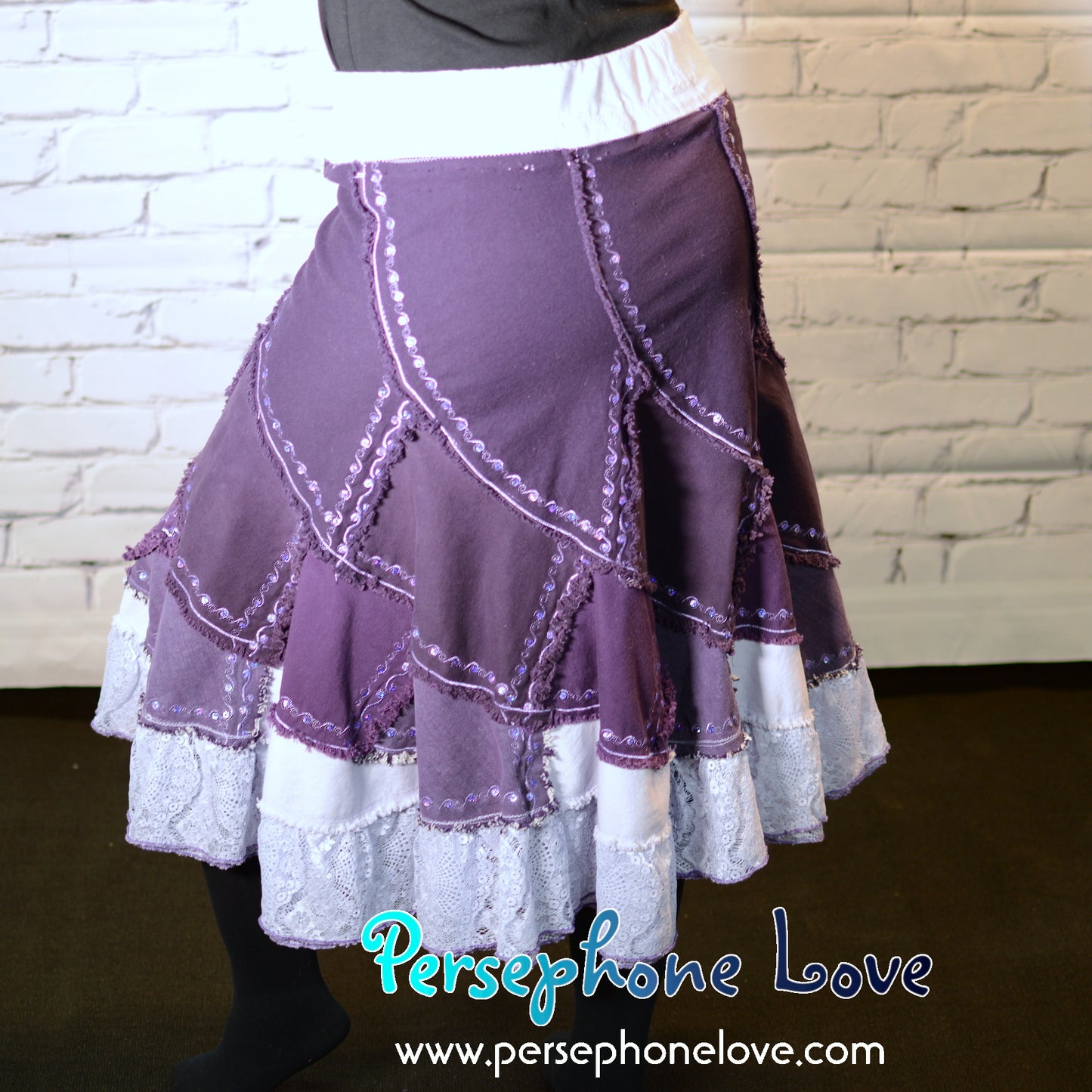 Purple ombre patchwork denim upcycled twirly spiral festival skirt embroidery sequins-2000