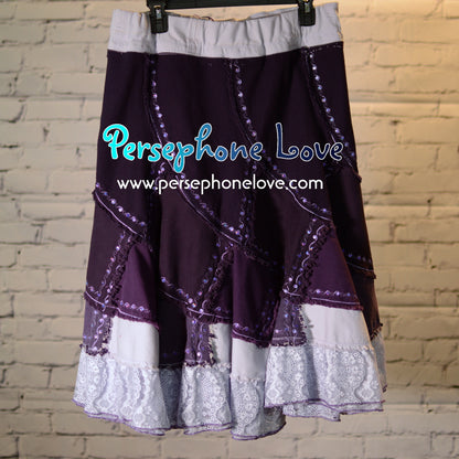 Purple ombre patchwork denim upcycled twirly spiral festival skirt embroidery sequins-2000