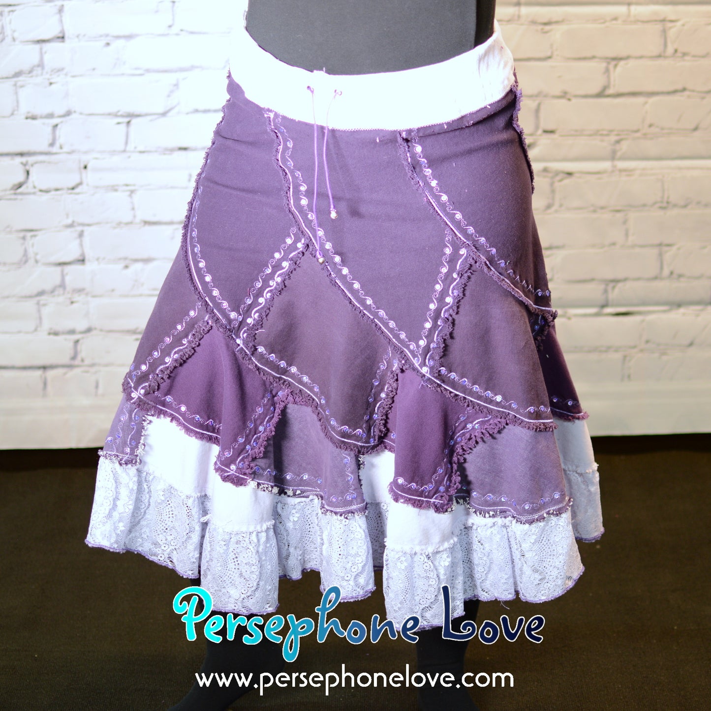 Purple ombre patchwork denim upcycled twirly spiral festival skirt embroidery sequins-2000