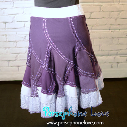 Purple ombre patchwork denim upcycled twirly spiral festival skirt embroidery sequins-2000