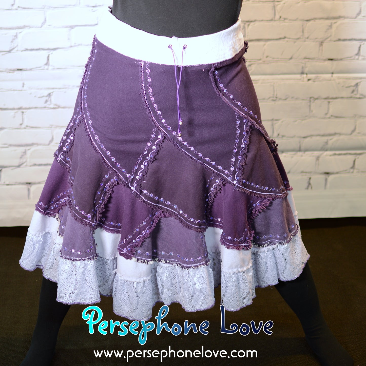 Purple ombre patchwork denim upcycled twirly spiral festival skirt embroidery sequins-2000