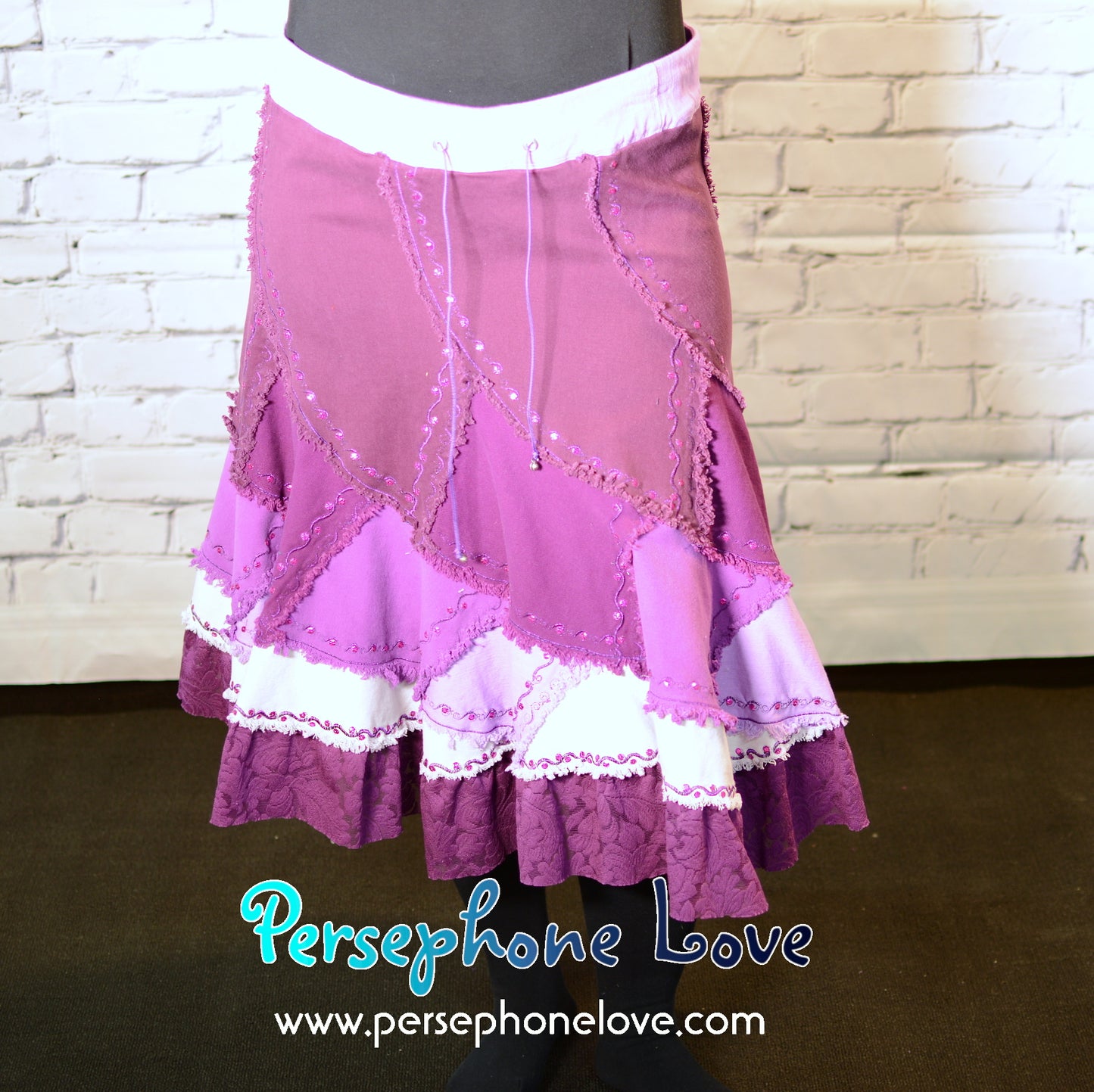 Magenta ombre patchwork denim upcycled twirly spiral festival skirt embroidery sequins-2001