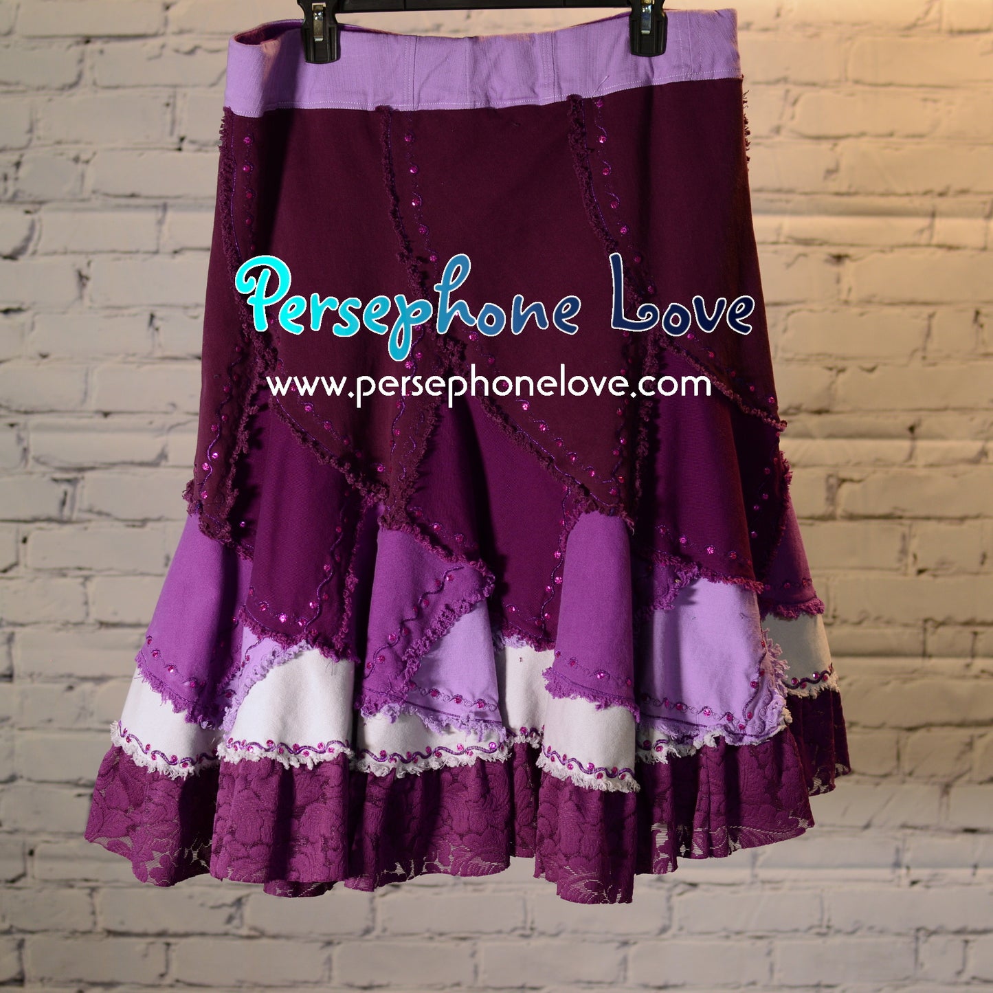 Magenta ombre patchwork denim upcycled twirly spiral festival skirt embroidery sequins-2001