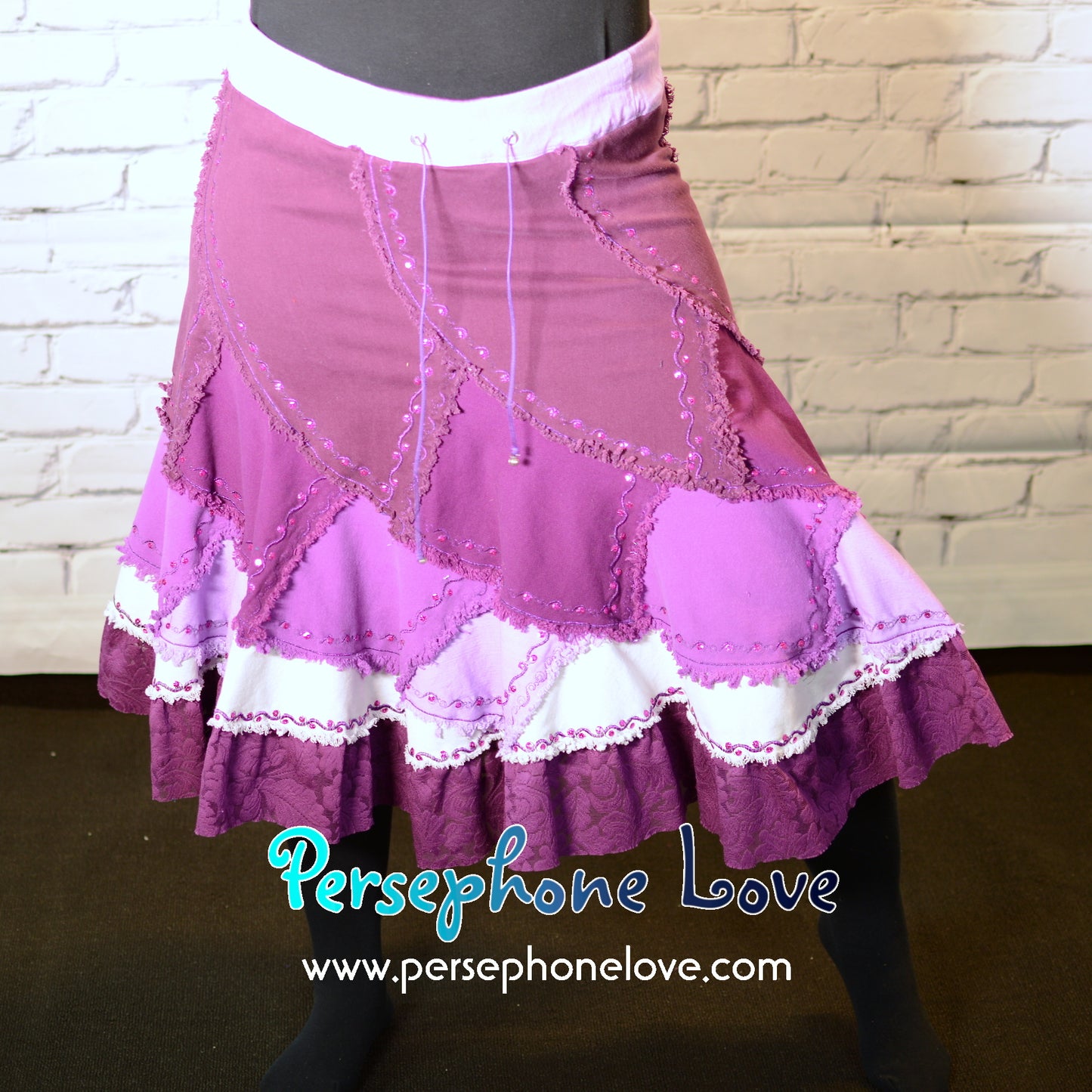 Magenta ombre patchwork denim upcycled twirly spiral festival skirt embroidery sequins-2001