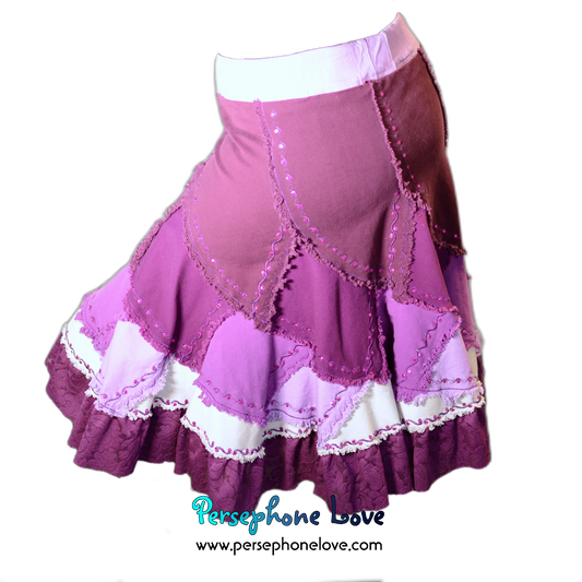 Magenta ombre patchwork denim upcycled twirly spiral festival skirt embroidery sequins-2001