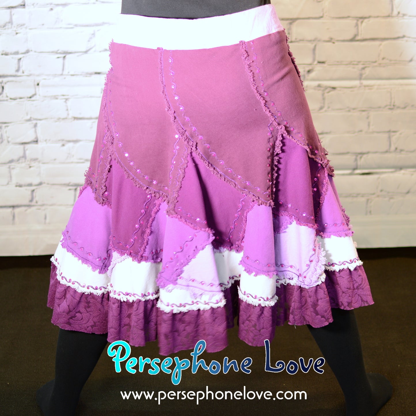 Magenta ombre patchwork denim upcycled twirly spiral festival skirt embroidery sequins-2001