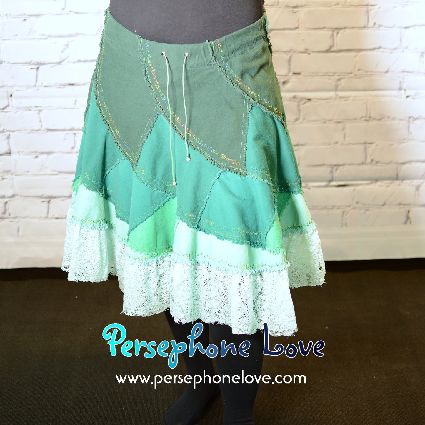 Green ombre patchwork denim upcycled twirly spiral festival skirt embroidery sequins-2002