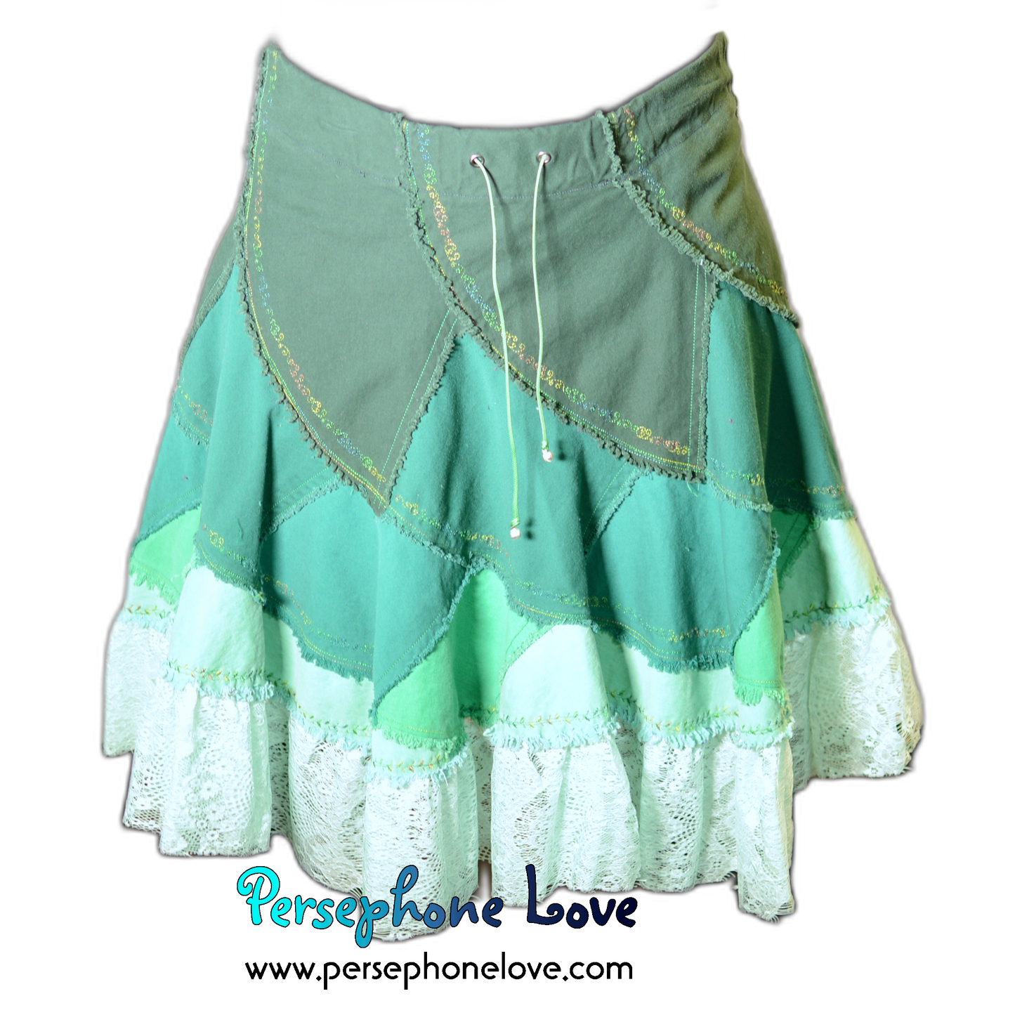 Green ombre patchwork denim upcycled twirly spiral festival skirt embroidery sequins-2002