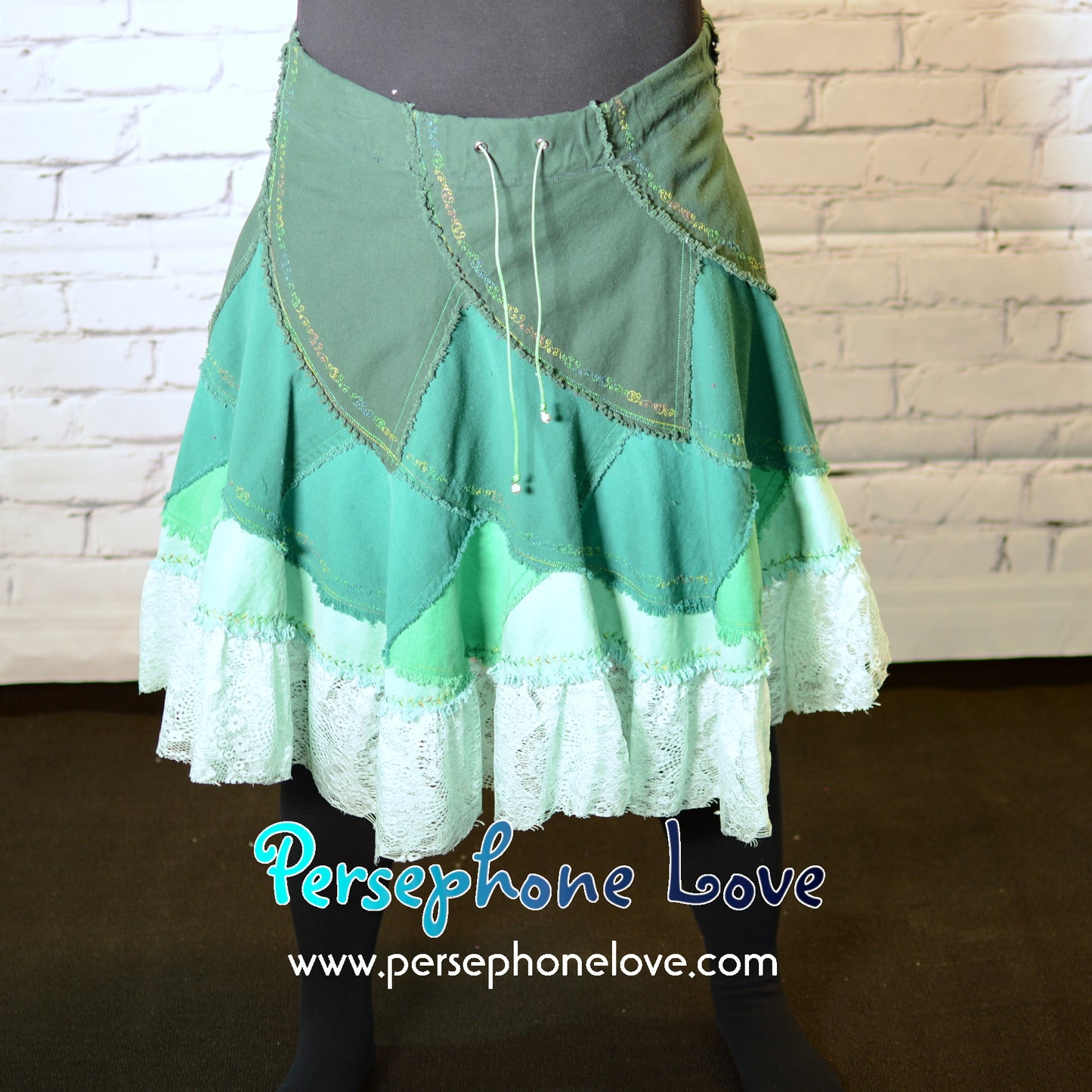 Green ombre patchwork denim upcycled twirly spiral festival skirt embroidery sequins-2002