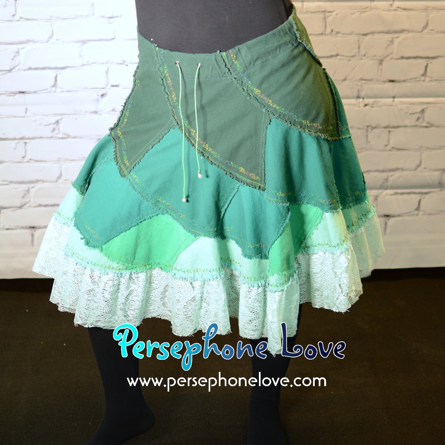 Green ombre patchwork denim upcycled twirly spiral festival skirt embroidery sequins-2002