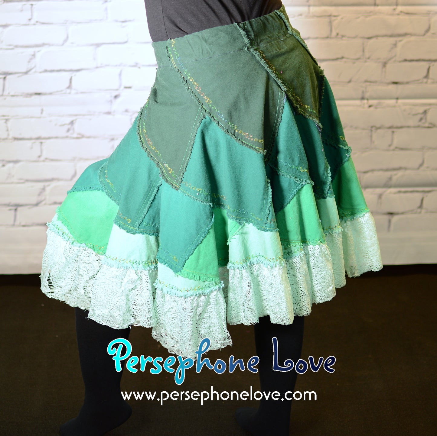 Green ombre patchwork denim upcycled twirly spiral festival skirt embroidery sequins-2002